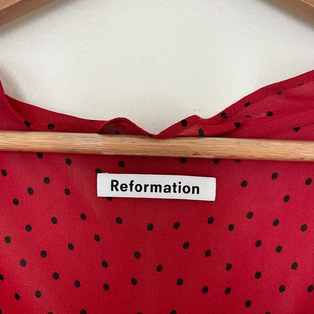 Reformation Italia Red & Black Polka Dot Ruffle Top Size 6